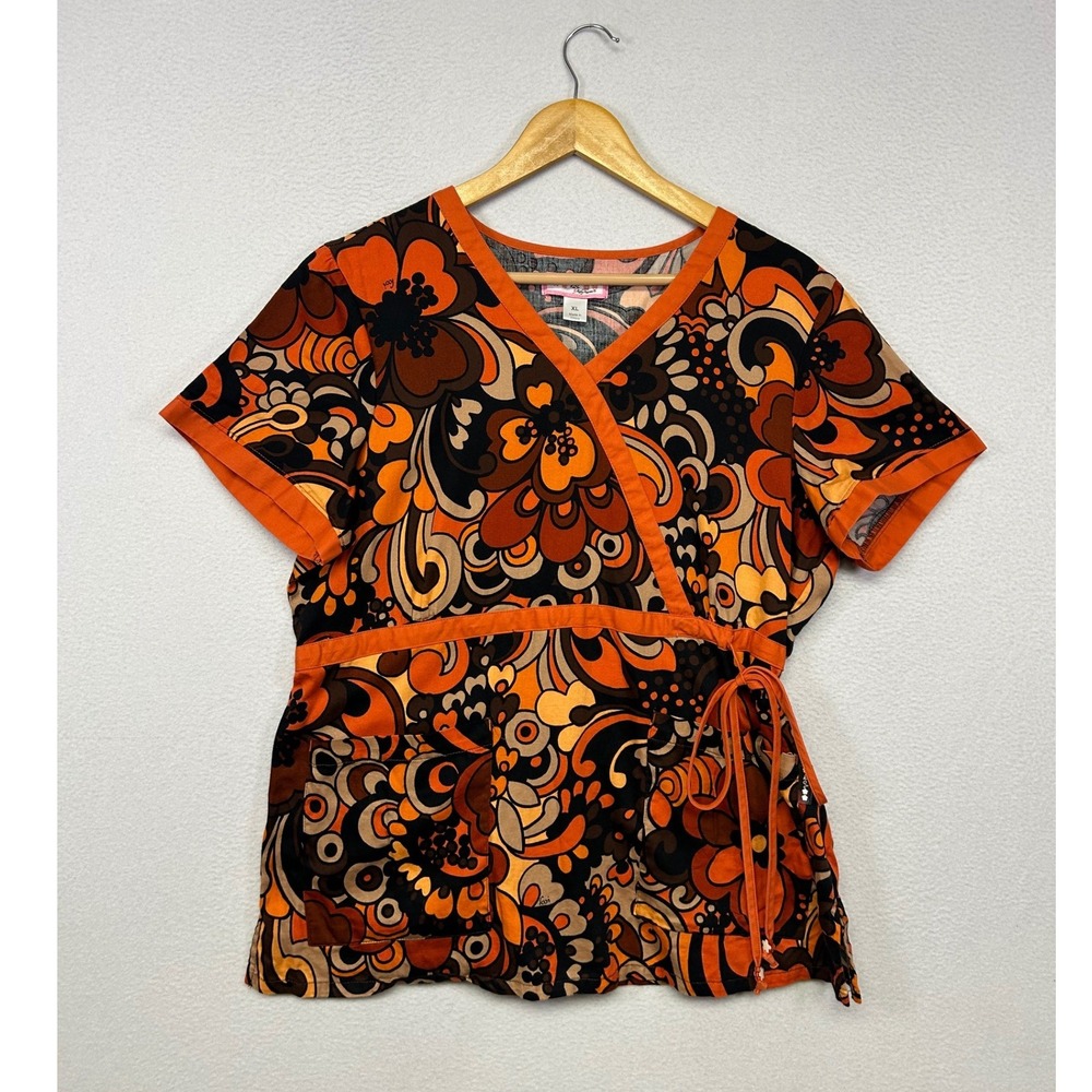 Retro Psychedelic Floral Koi Kathy Peterson Womens XL Orange Mock Wrap Scrub Top